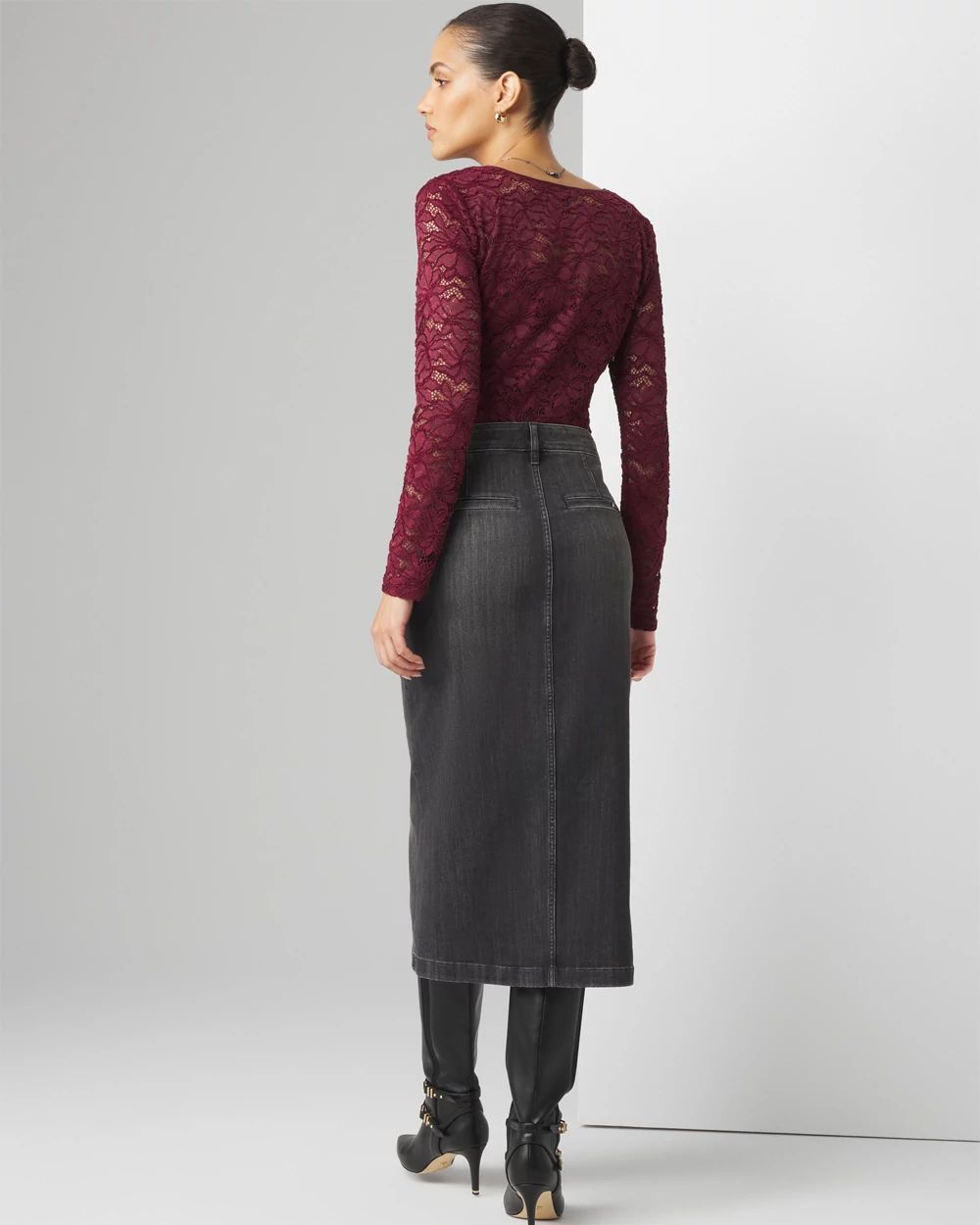 【BAON】Purderie denim midi skirt Frayed Pleated Denim Midi Skirt – Ashley Stewart
